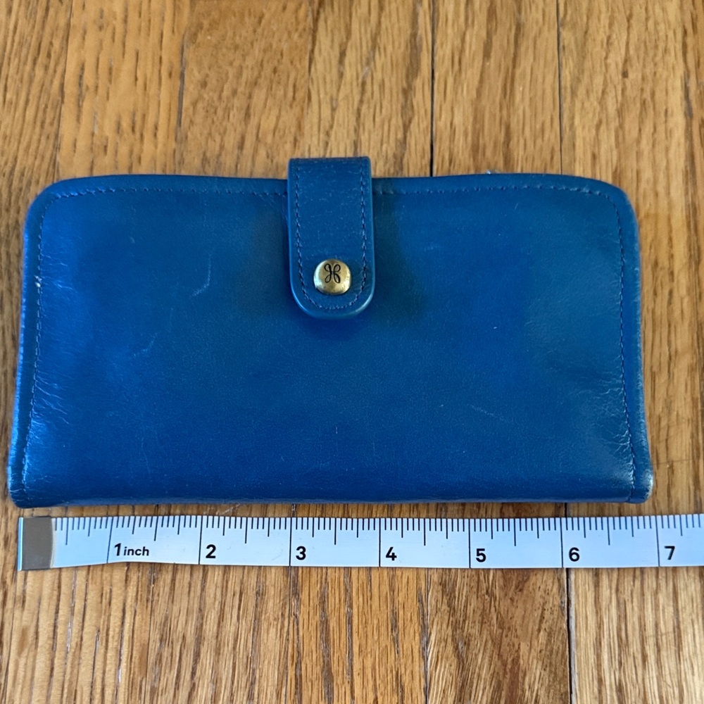 Blue Leather Wallet with Button Closure